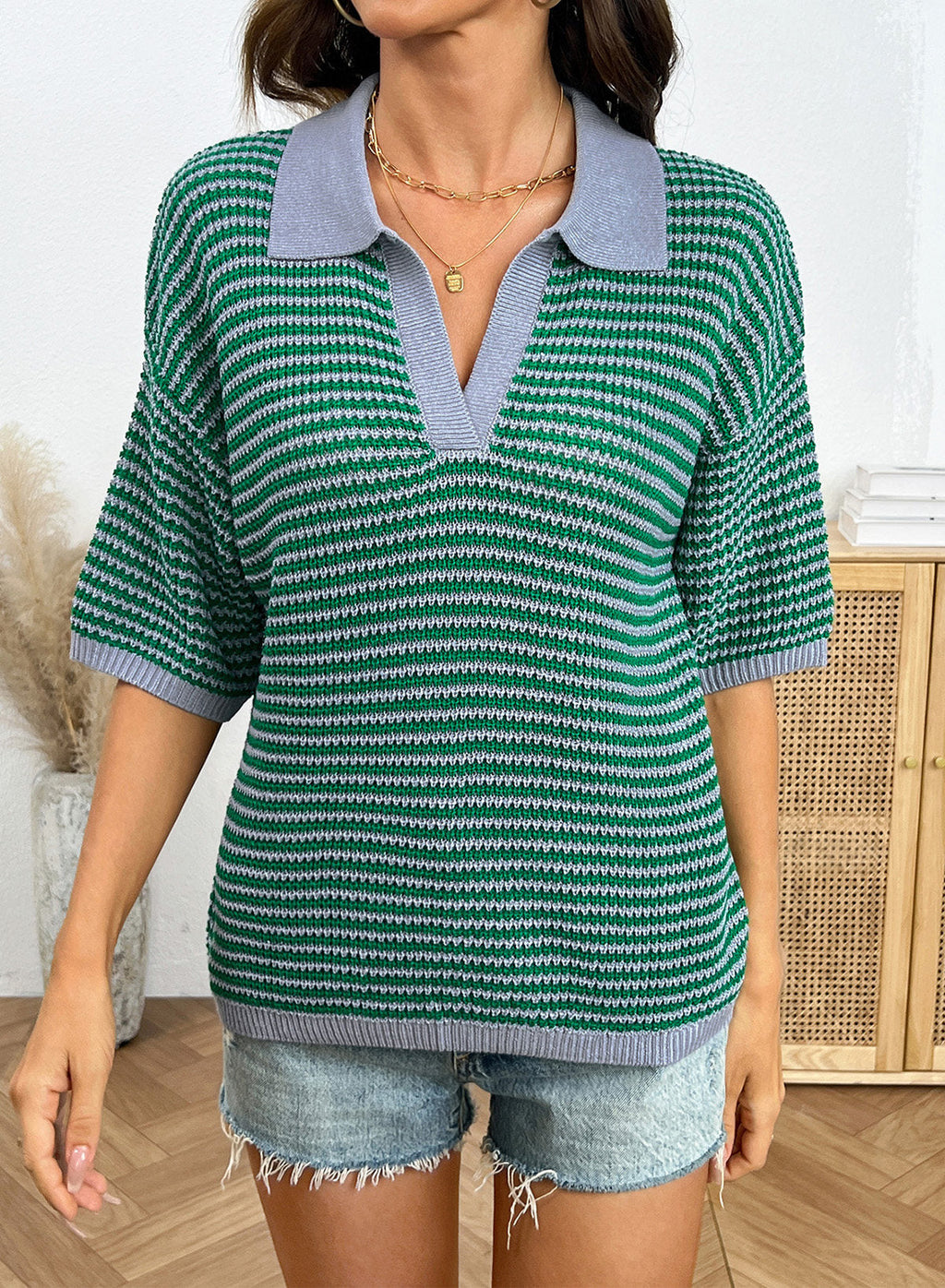 Collared Neck Contrast Striped Top and Shorts Sweater Set