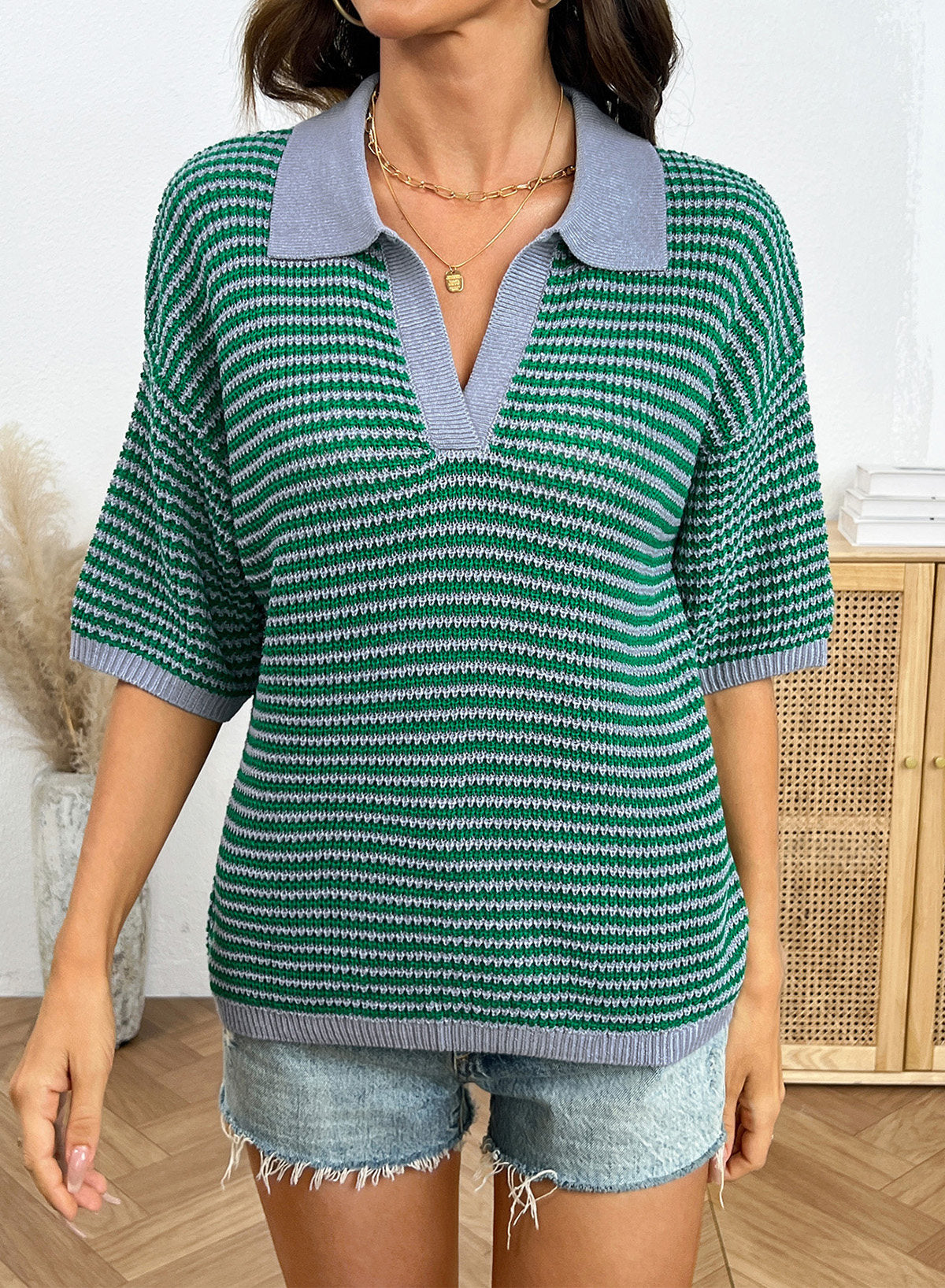 Collared Neck Contrast Striped Top and Shorts Sweater Set