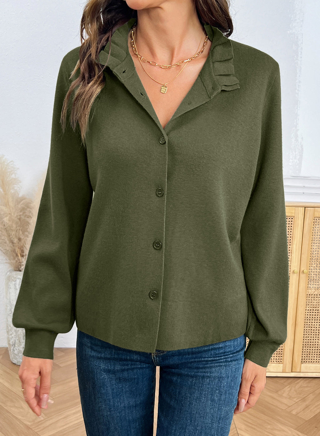 Dokotoo Cardigan Sweaters for Women Long Sleeve Stand Collar Ruffle Button Down Cardigans