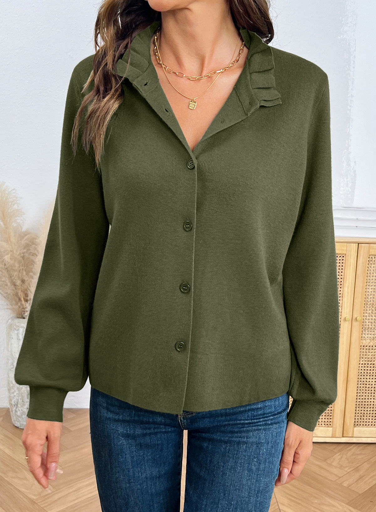 Dokotoo Cardigan Sweaters for Women Long Sleeve Stand Collar Ruffle Button Down Cardigans