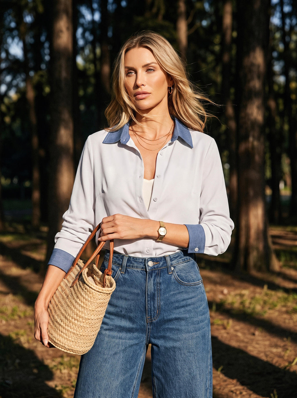 Dokotoo Button Down Shirts for Women Long Sleeve Denim Patchwork Tops