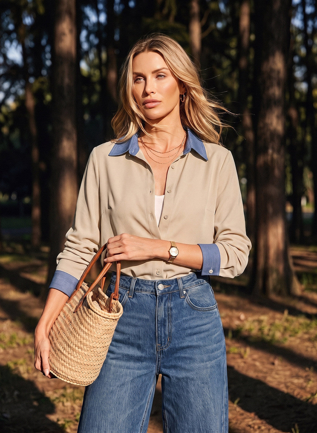 Dokotoo Button Down Shirts for Women Long Sleeve Denim Patchwork Tops