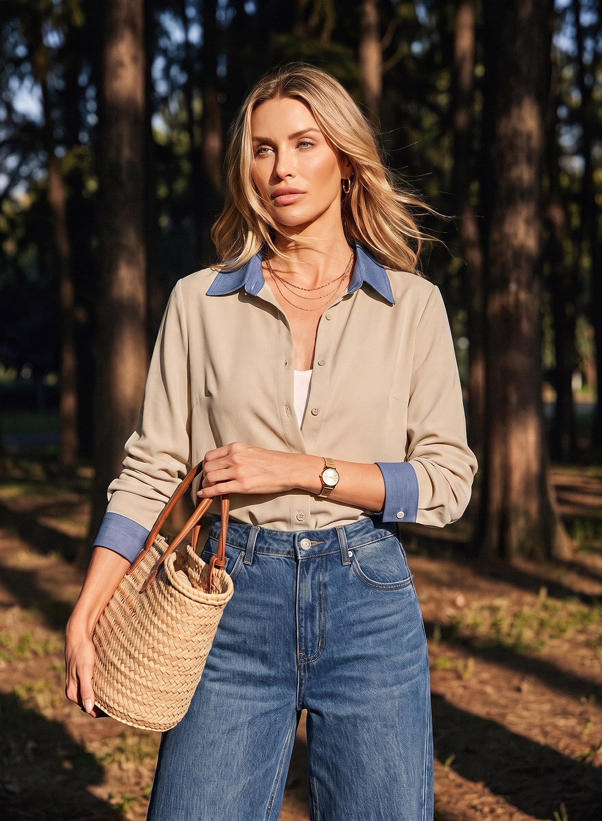 Dokotoo Button Down Shirts for Women Long Sleeve Denim Patchwork Tops