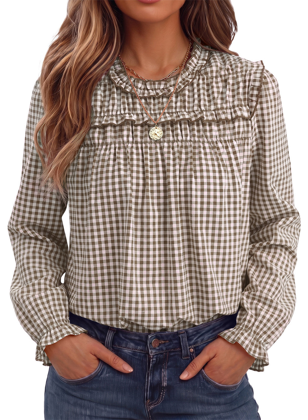 Dokotoo Gingham Long Sleeve Shirts for Women Cotton Babydoll Tops