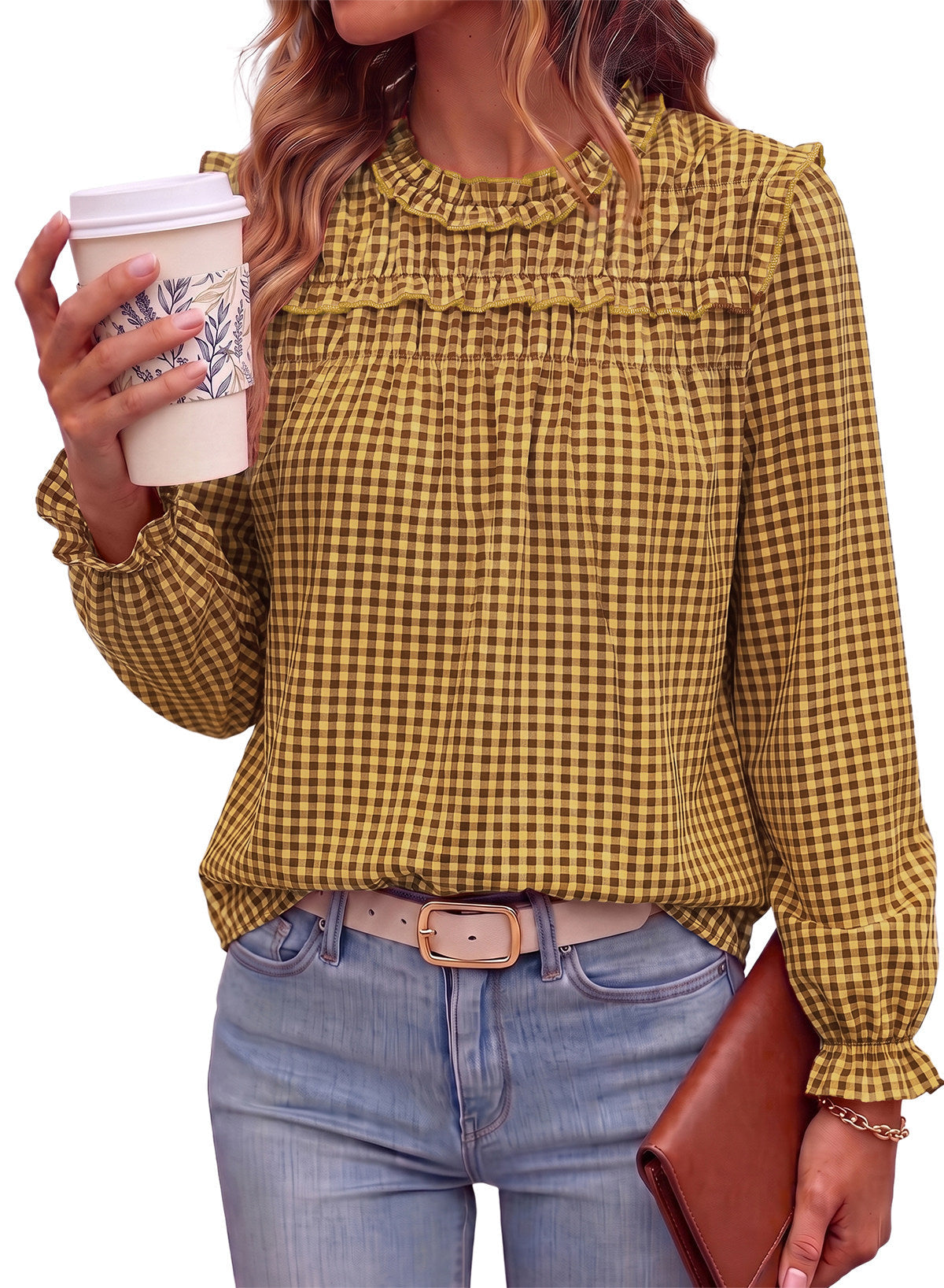 Dokotoo Gingham Long Sleeve Shirts for Women Cotton Babydoll Tops