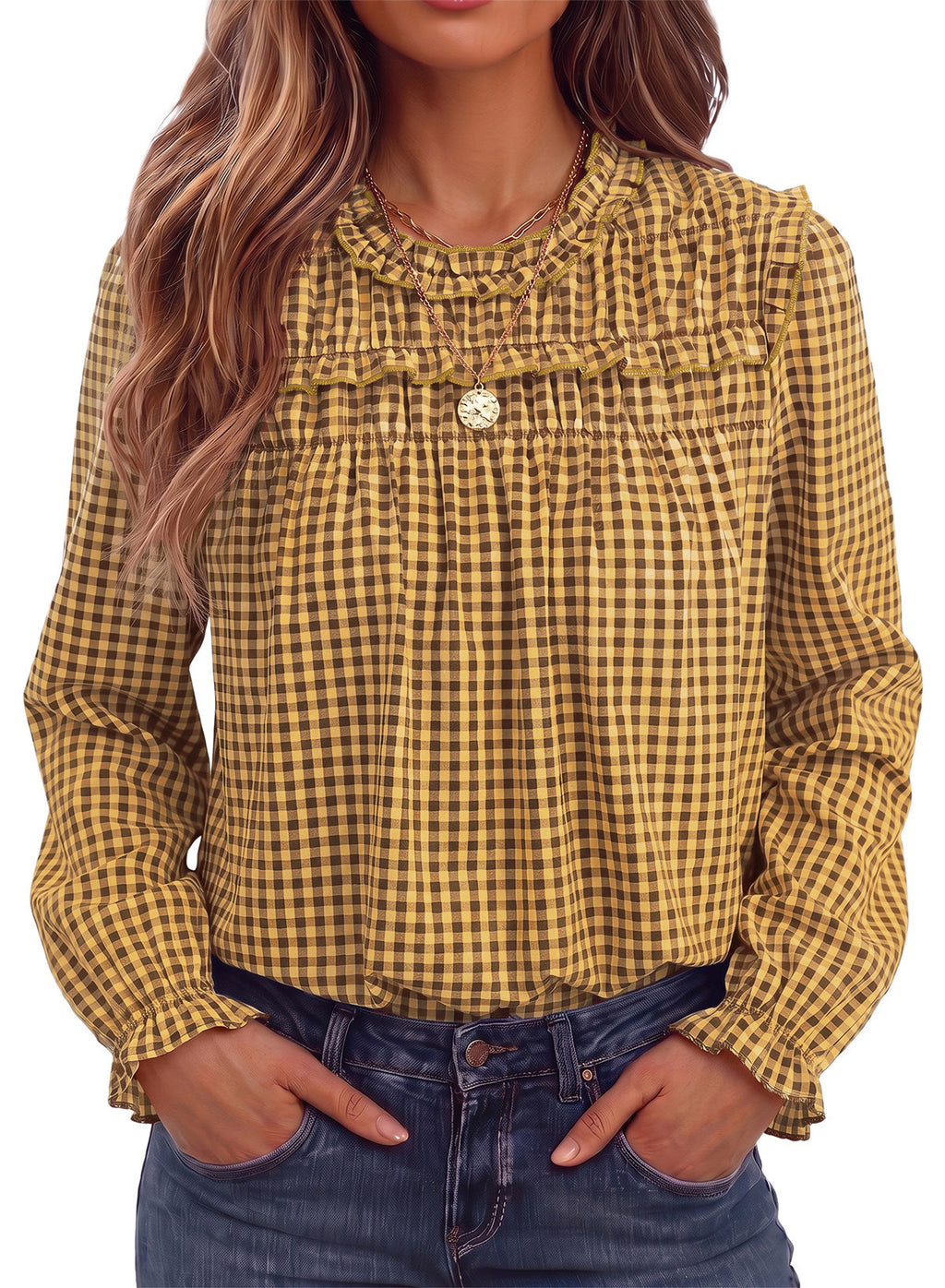 Dokotoo Gingham Long Sleeve Shirts for Women Cotton Babydoll Tops