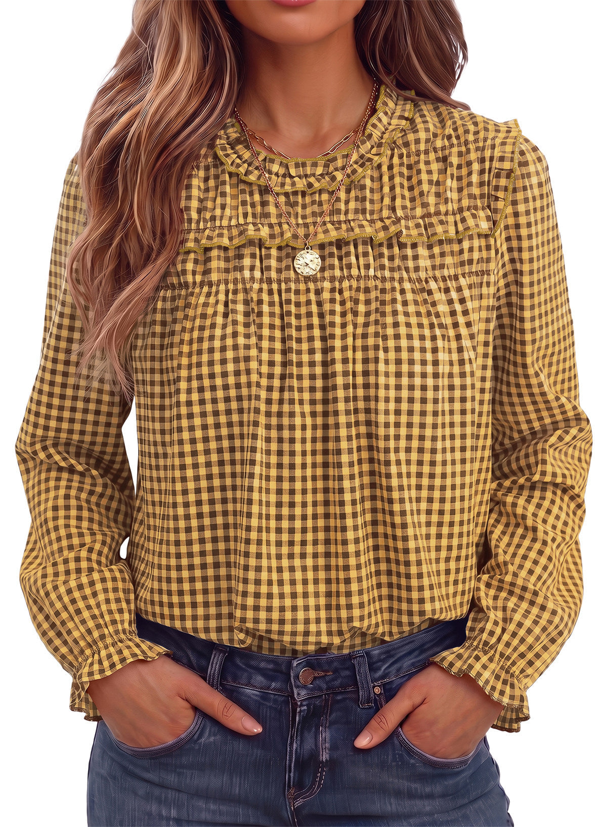 Dokotoo Gingham Long Sleeve Shirts for Women Cotton Babydoll Tops