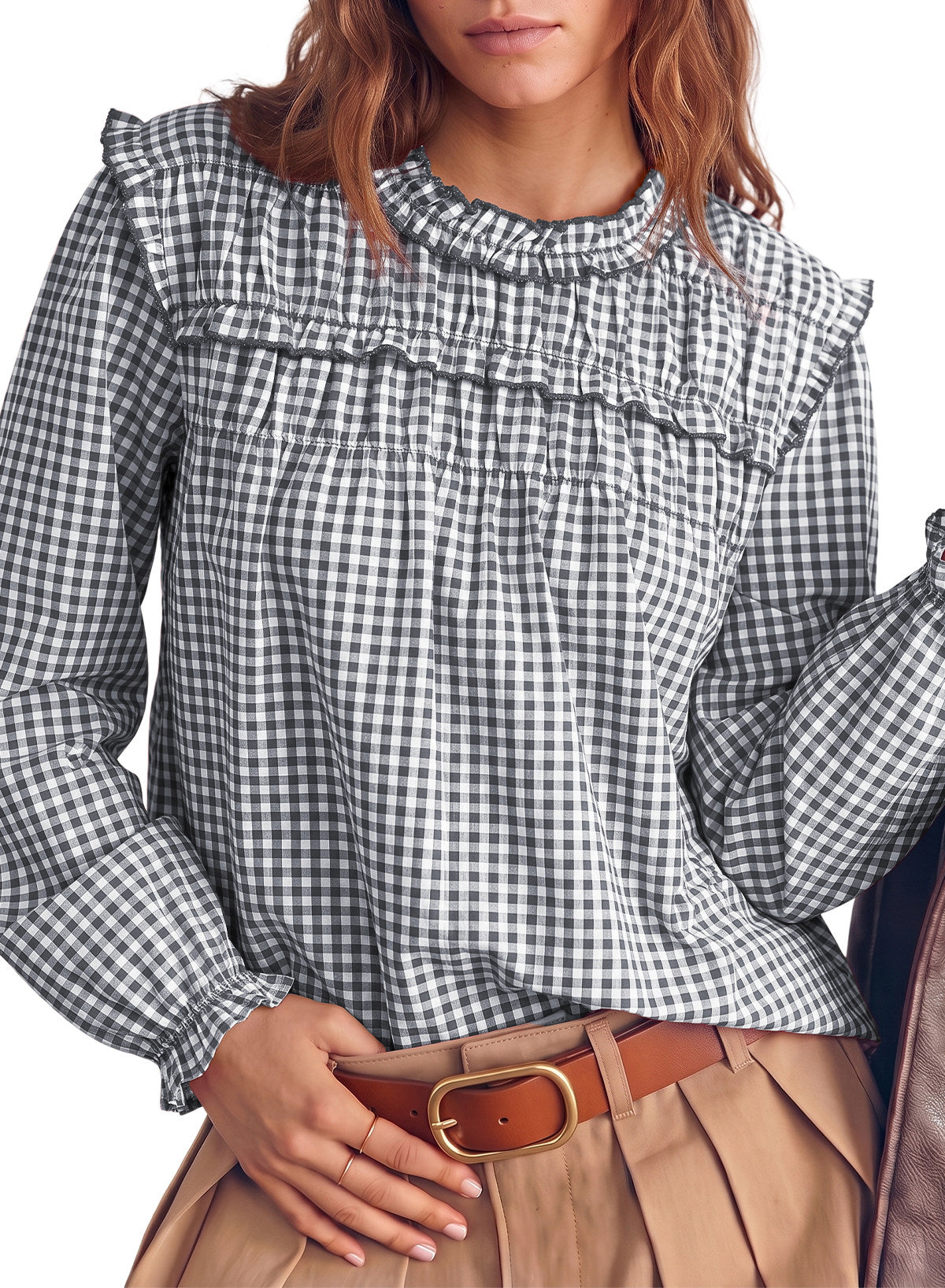 Dokotoo Gingham Long Sleeve Shirts for Women Cotton Babydoll Tops