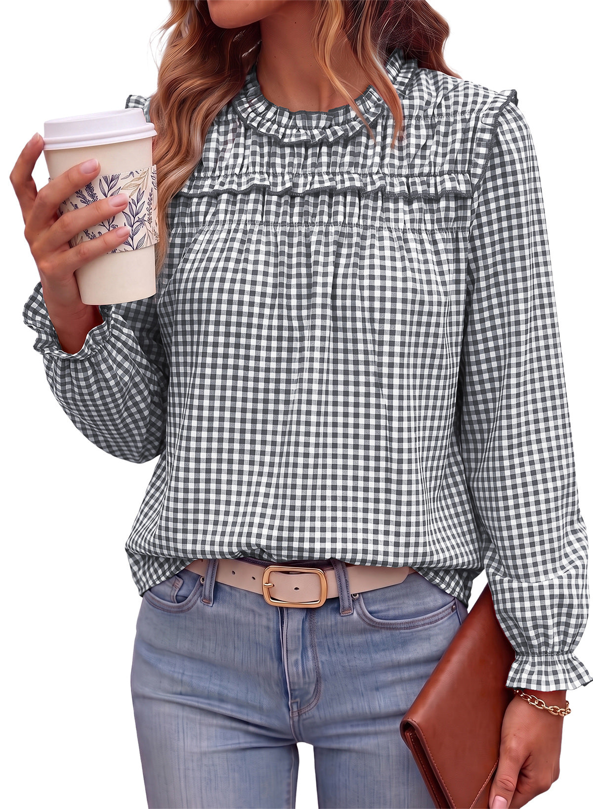 Dokotoo Gingham Long Sleeve Shirts for Women Cotton Babydoll Tops