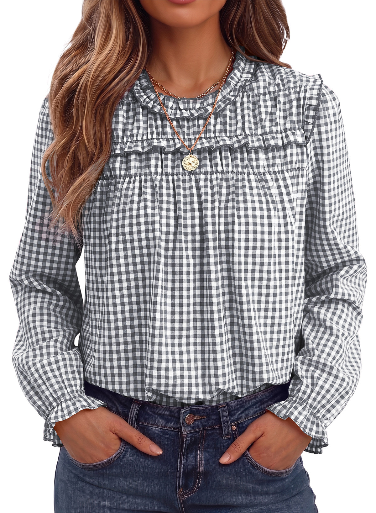 Dokotoo Gingham Long Sleeve Shirts for Women Cotton Babydoll Tops