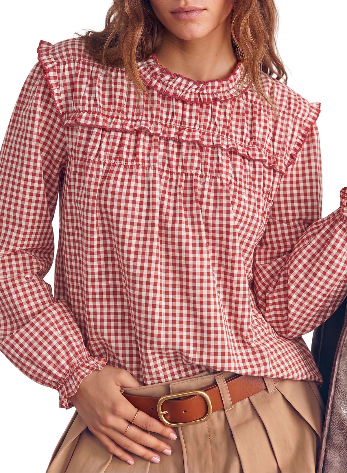 Dokotoo Gingham Long Sleeve Shirts for Women Cotton Babydoll Tops