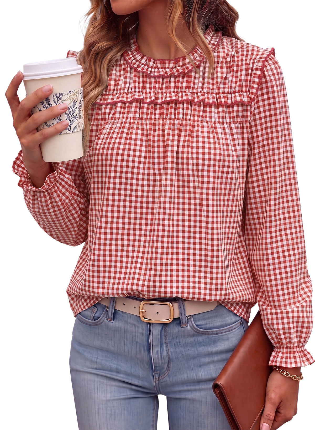 Dokotoo Gingham Long Sleeve Shirts for Women Cotton Babydoll Tops