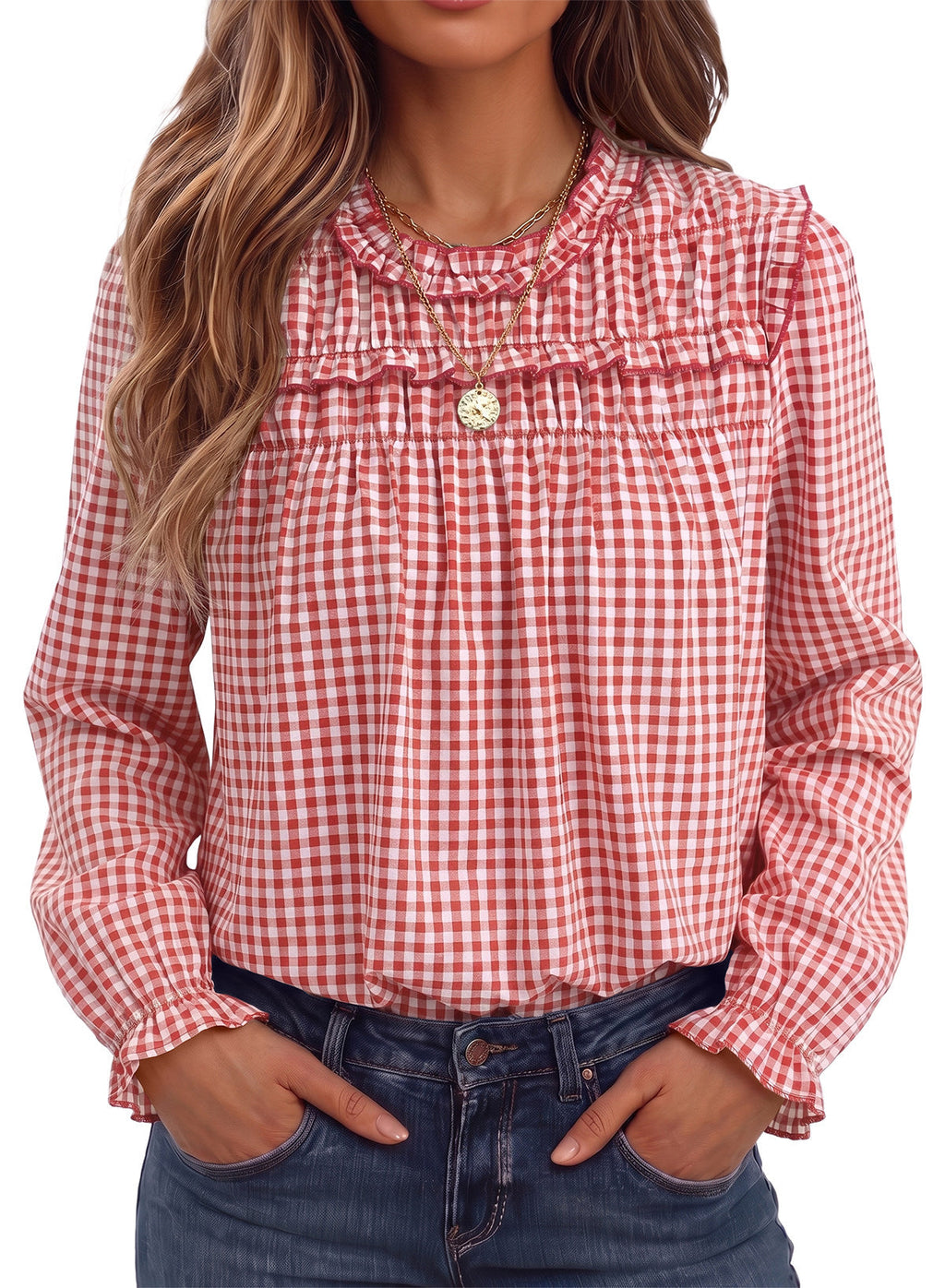 Dokotoo Gingham Long Sleeve Shirts for Women Cotton Babydoll Tops