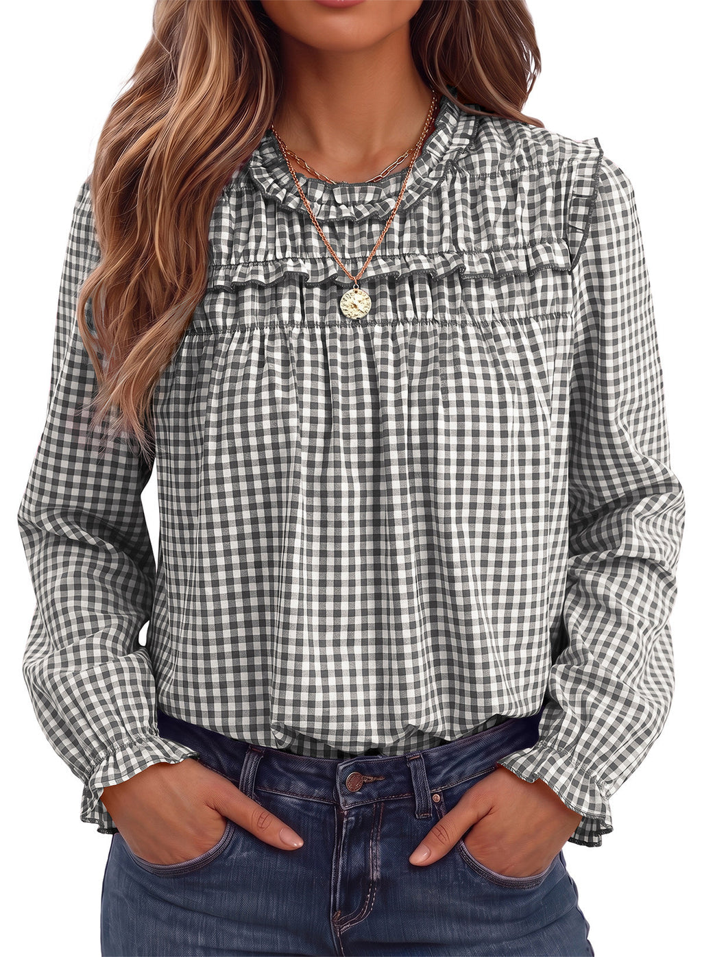 Dokotoo Gingham Long Sleeve Shirts for Women Cotton Babydoll Tops