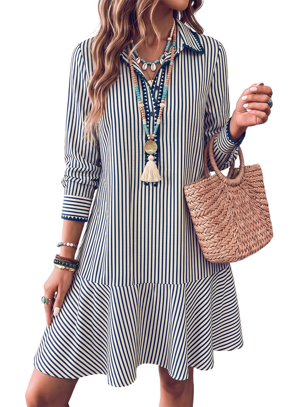 Dokotoo Womens Dresses Striped Button Babydoll Ruffle Hem Mini Dress