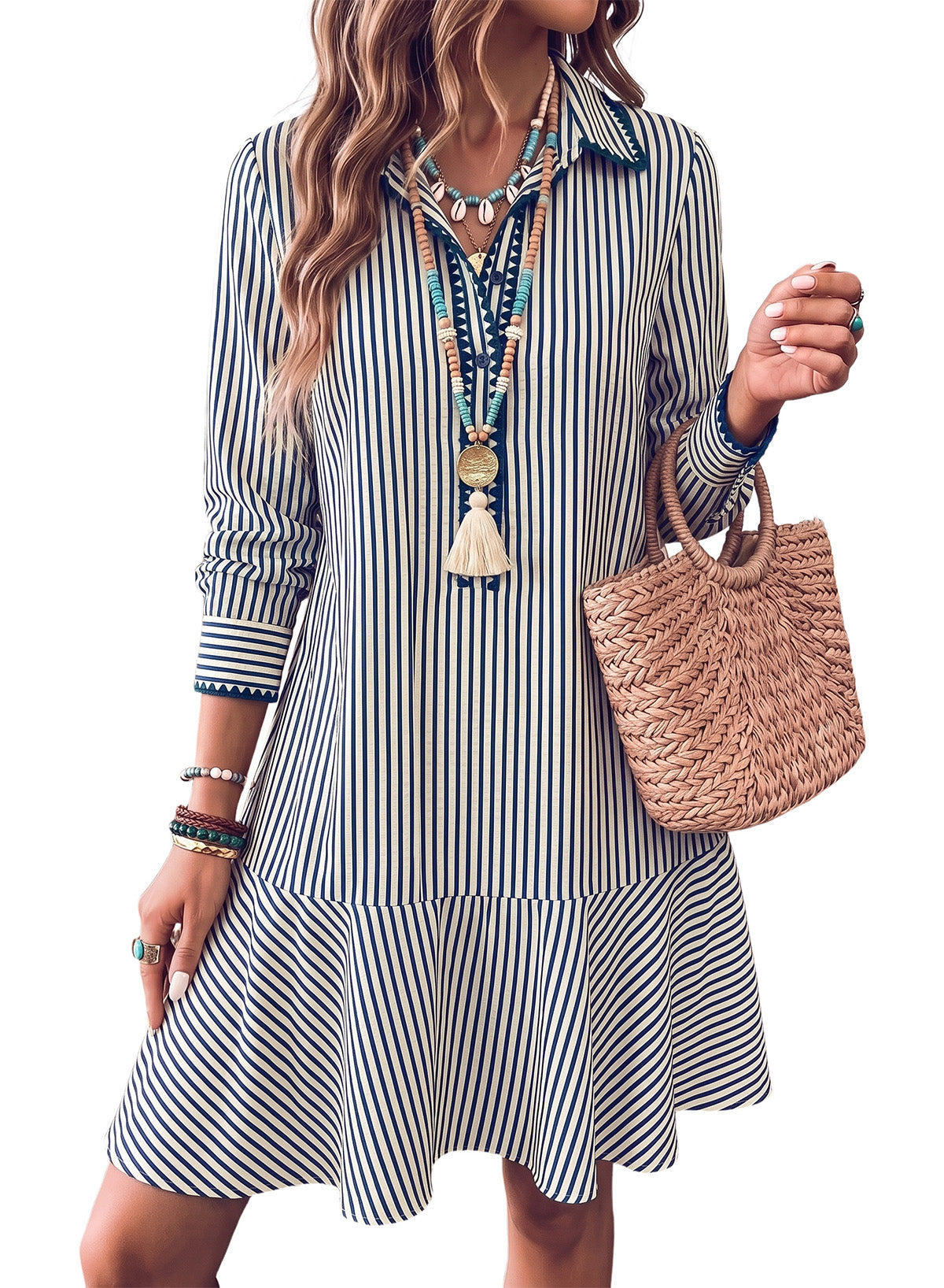 Dokotoo Womens Dresses Striped Button Babydoll Ruffle Hem Mini Dress