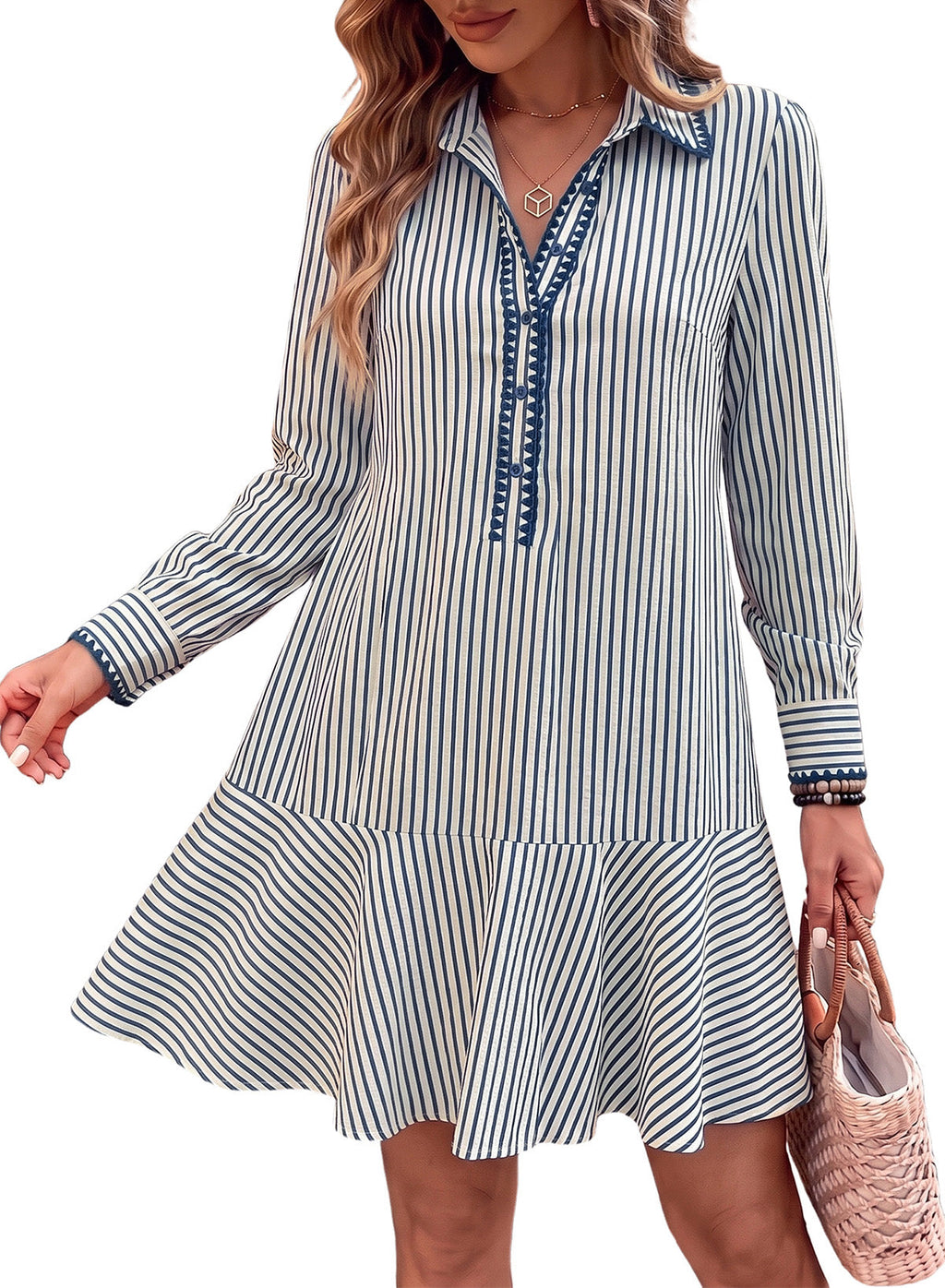 Dokotoo Womens Dresses Striped Button Babydoll Ruffle Hem Mini Dress