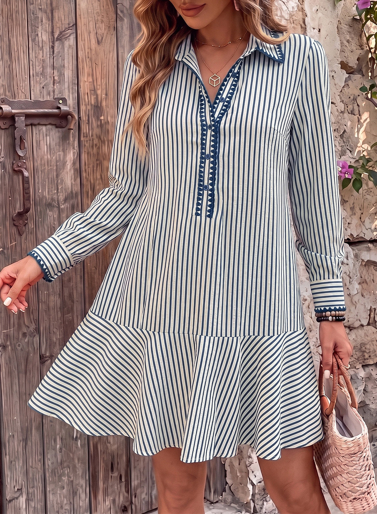 Dokotoo Womens Dresses Striped Button Babydoll Ruffle Hem Mini Dress