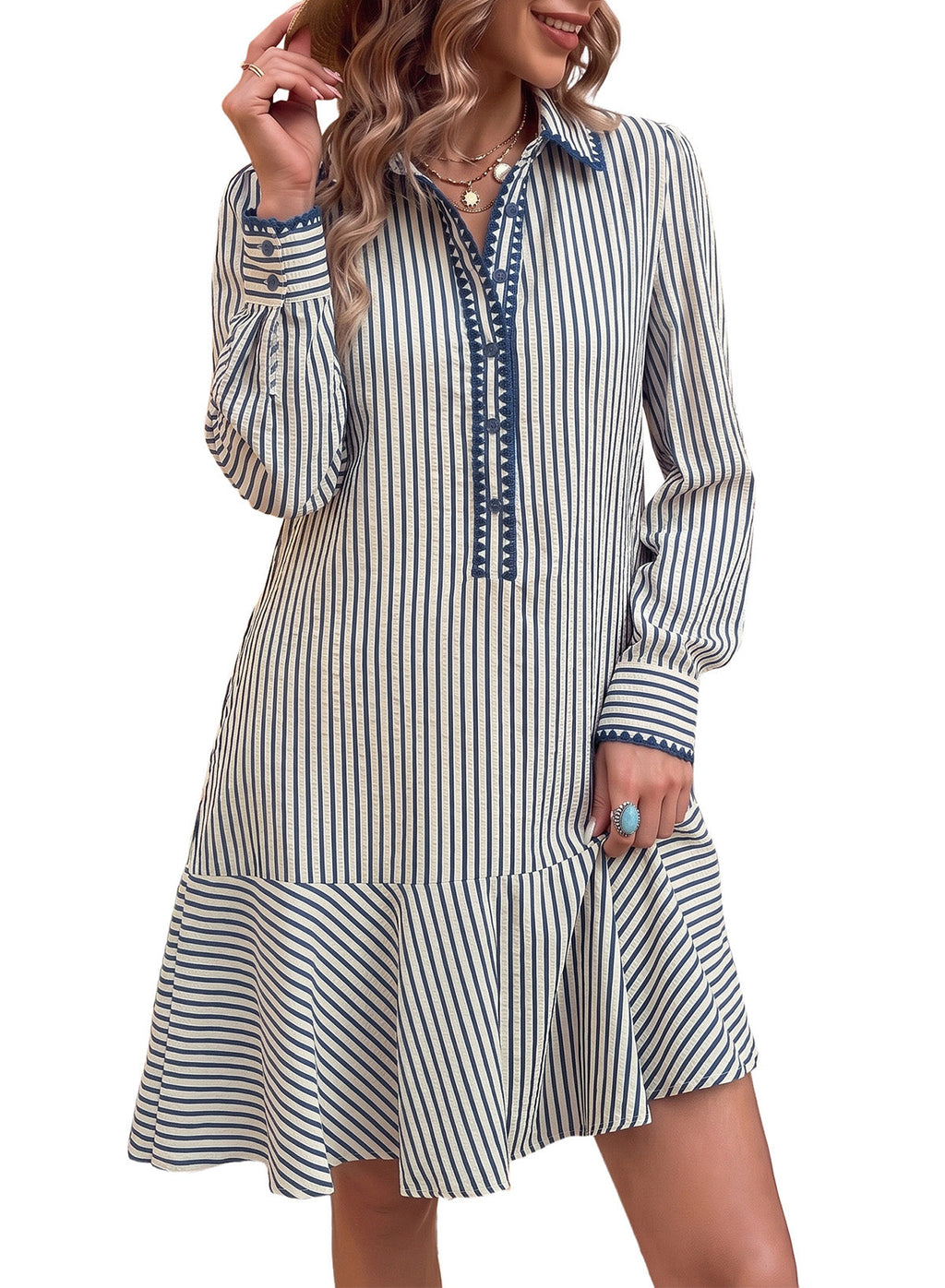 Dokotoo Womens Dresses Striped Button Babydoll Ruffle Hem Mini Dress