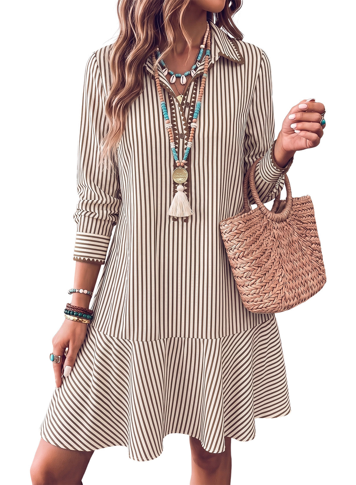 Dokotoo Womens Dresses Striped Button Babydoll Ruffle Hem Mini Dress
