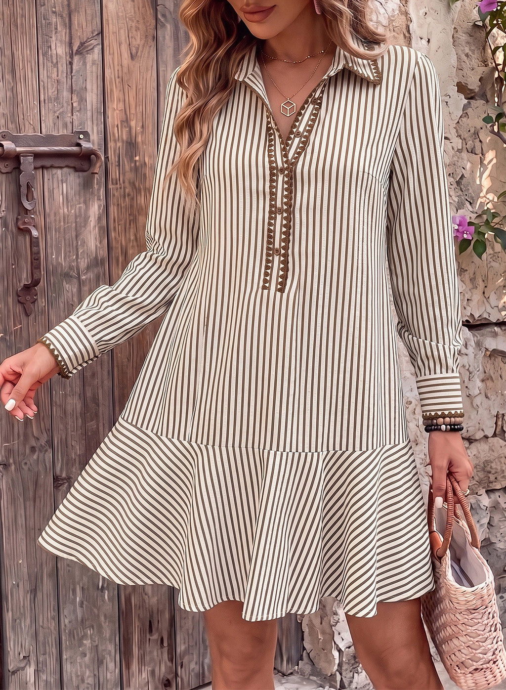 Dokotoo Womens Dresses Striped Button Babydoll Ruffle Hem Mini Dress