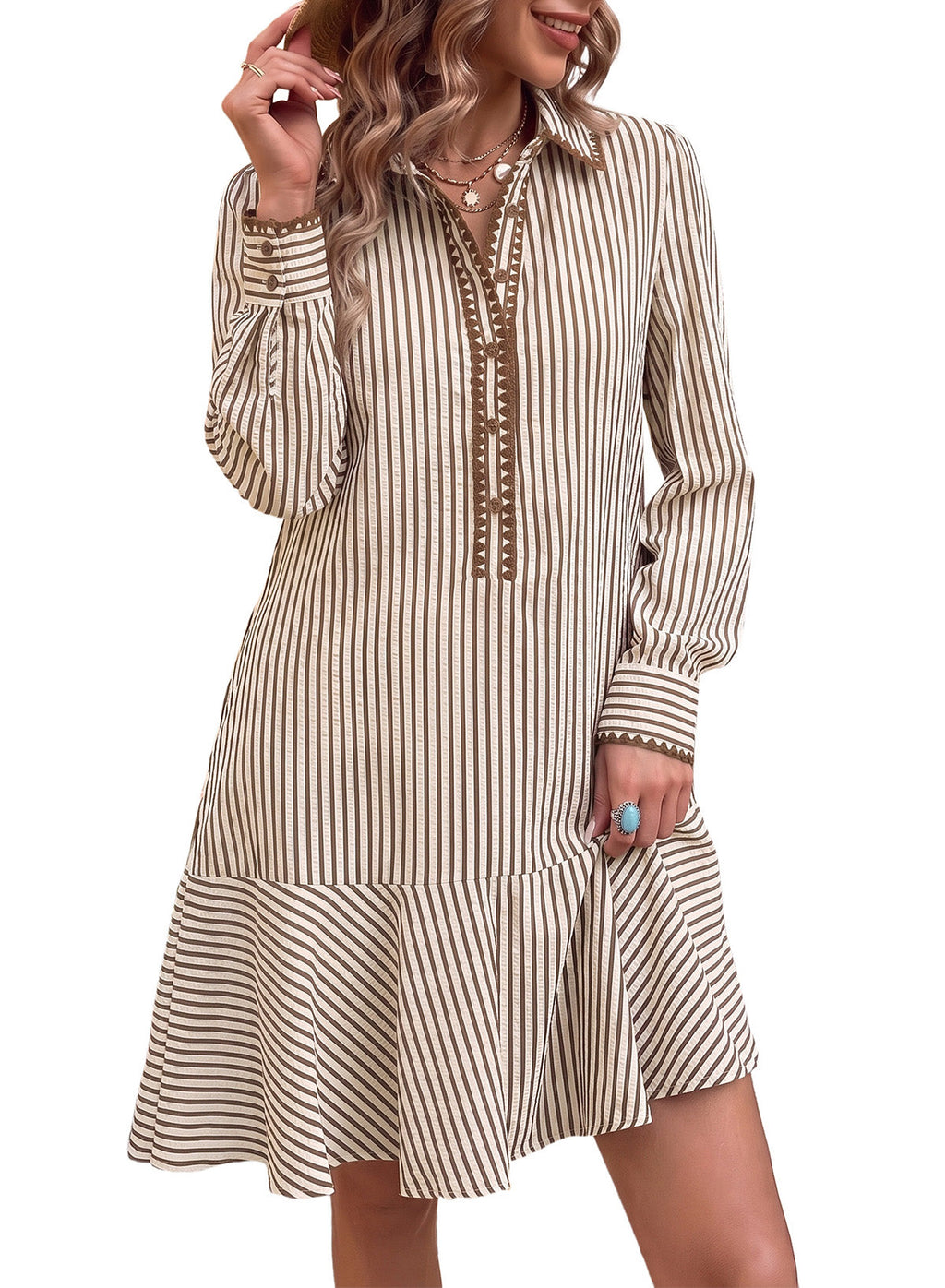 Dokotoo Womens Dresses Striped Button Babydoll Ruffle Hem Mini Dress
