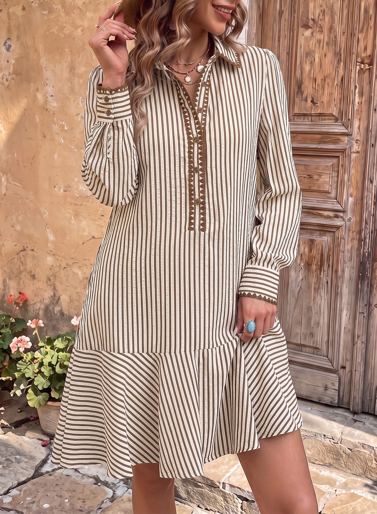 Dokotoo Womens Dresses Striped Button Babydoll Ruffle Hem Mini Dress
