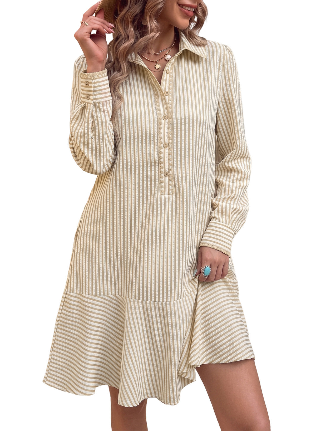 Dokotoo Womens Dresses Striped Button Babydoll Ruffle Hem Mini Dress