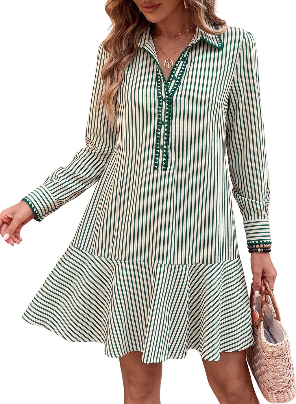 Dokotoo Womens Dresses Striped Button Babydoll Ruffle Hem Mini Dress