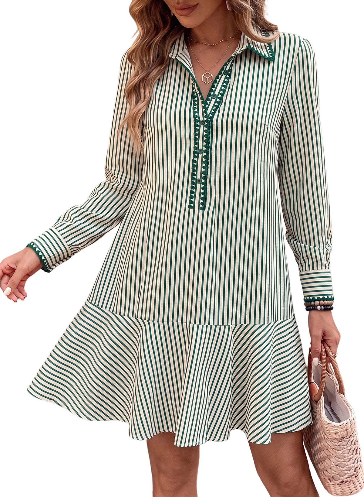 Dokotoo Womens Dresses Striped Button Babydoll Ruffle Hem Mini Dress