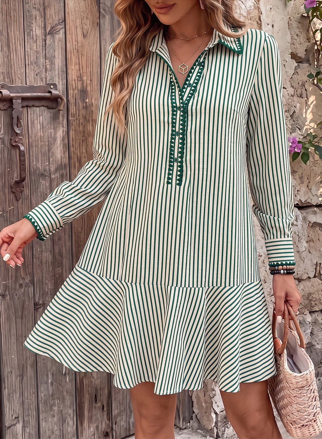 Dokotoo Womens Dresses Striped Button Babydoll Ruffle Hem Mini Dress