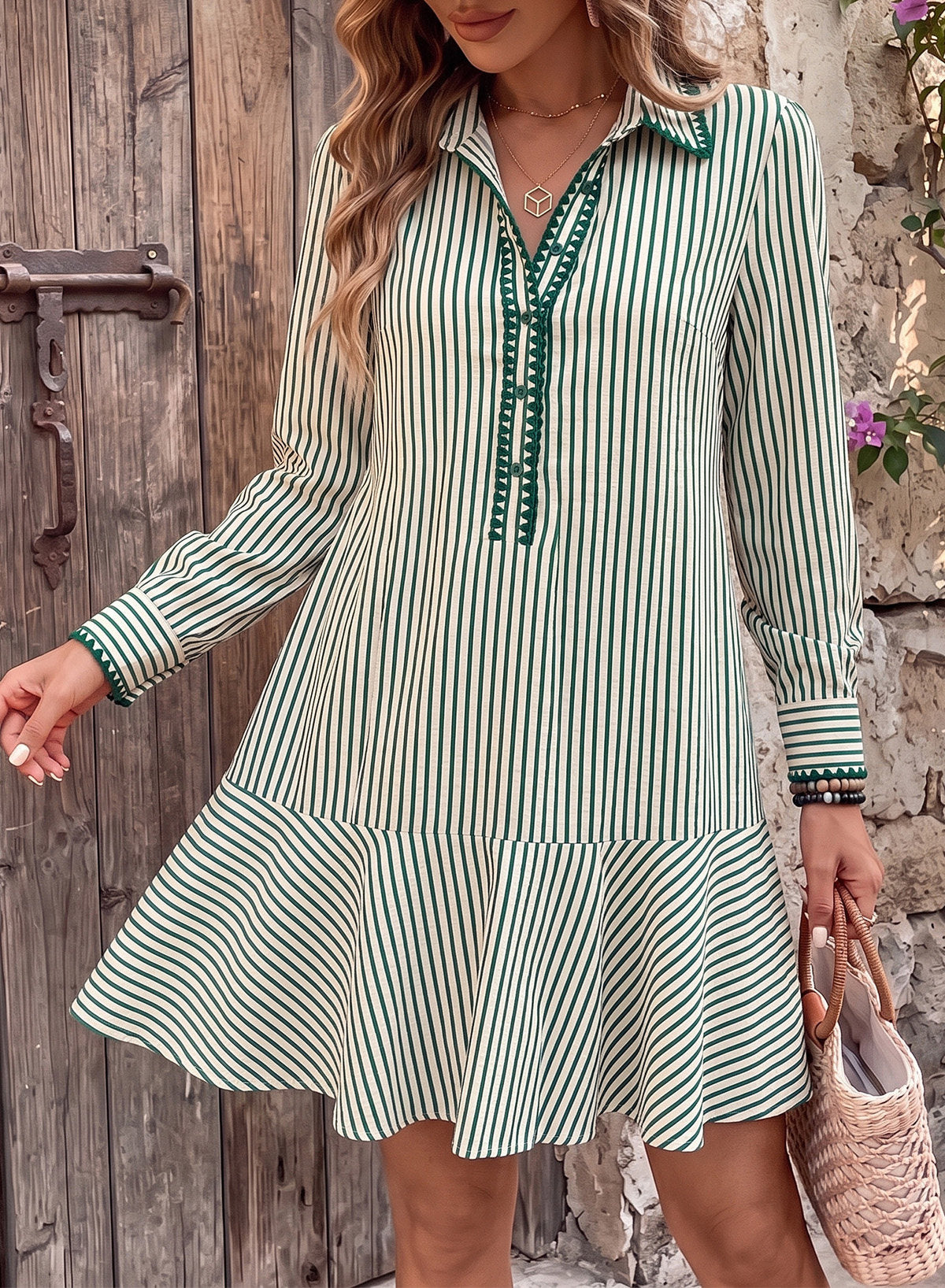 Dokotoo Womens Dresses Striped Button Babydoll Ruffle Hem Mini Dress