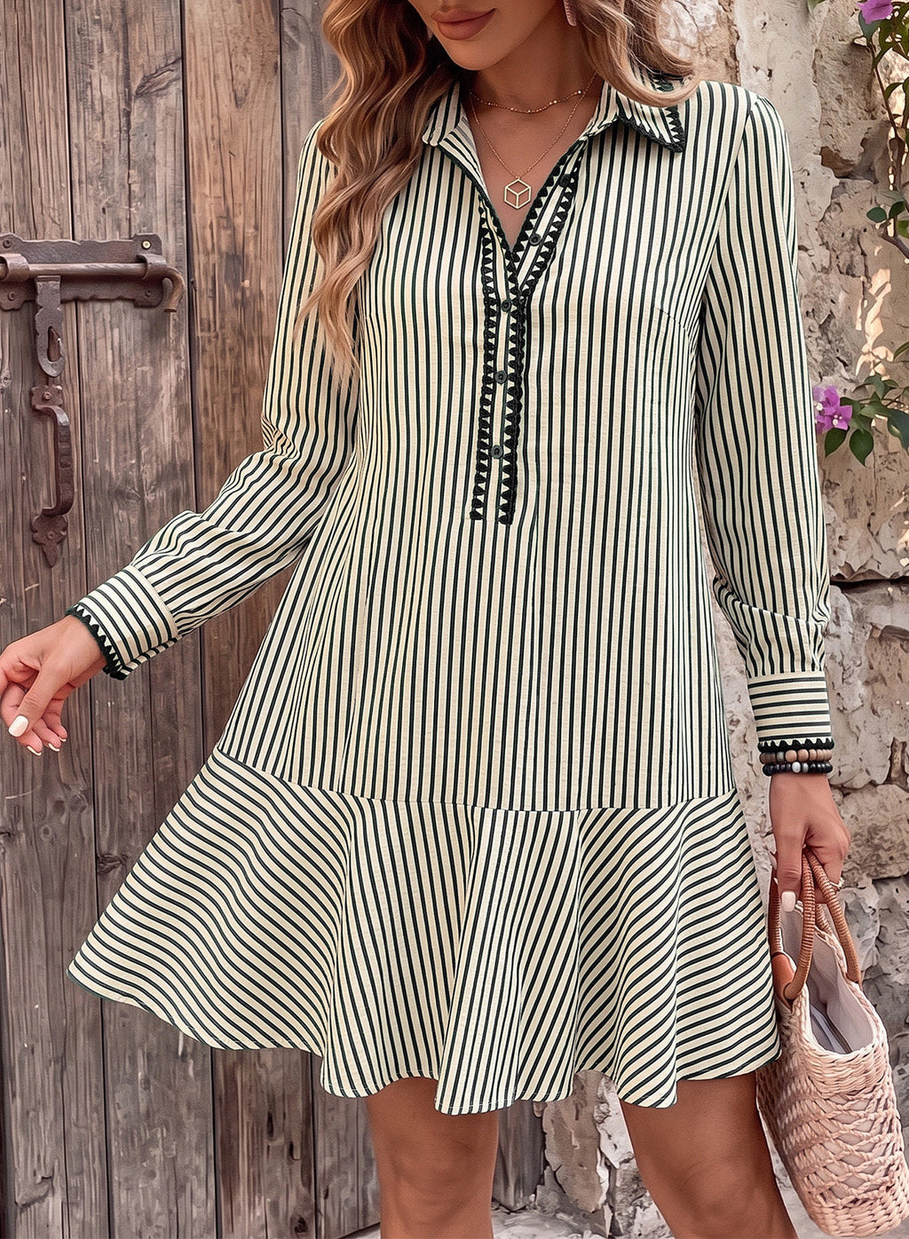Dokotoo Womens Dresses Striped Button Babydoll Ruffle Hem Mini Dress