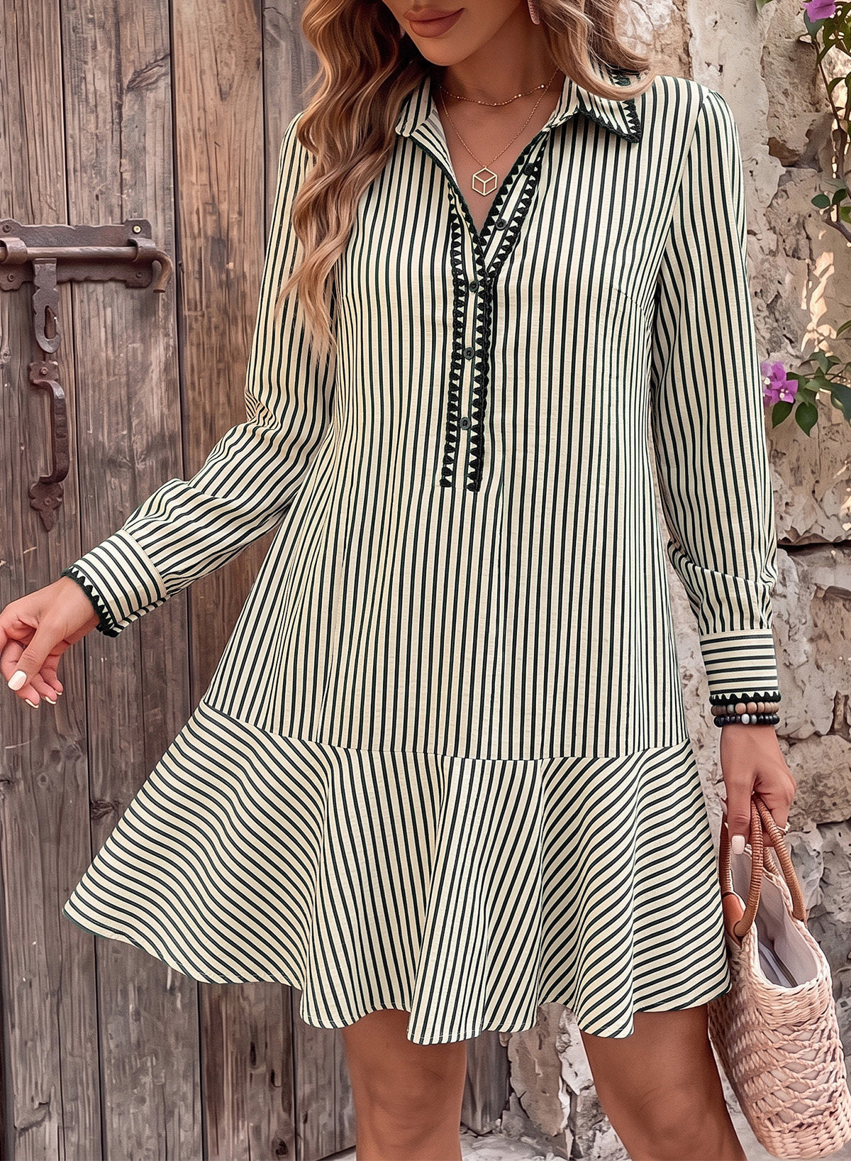 Dokotoo Womens Dresses Striped Button Babydoll Ruffle Hem Mini Dress