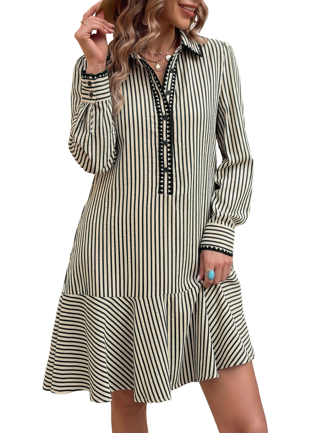 Dokotoo Womens Dresses Striped Button Babydoll Ruffle Hem Mini Dress