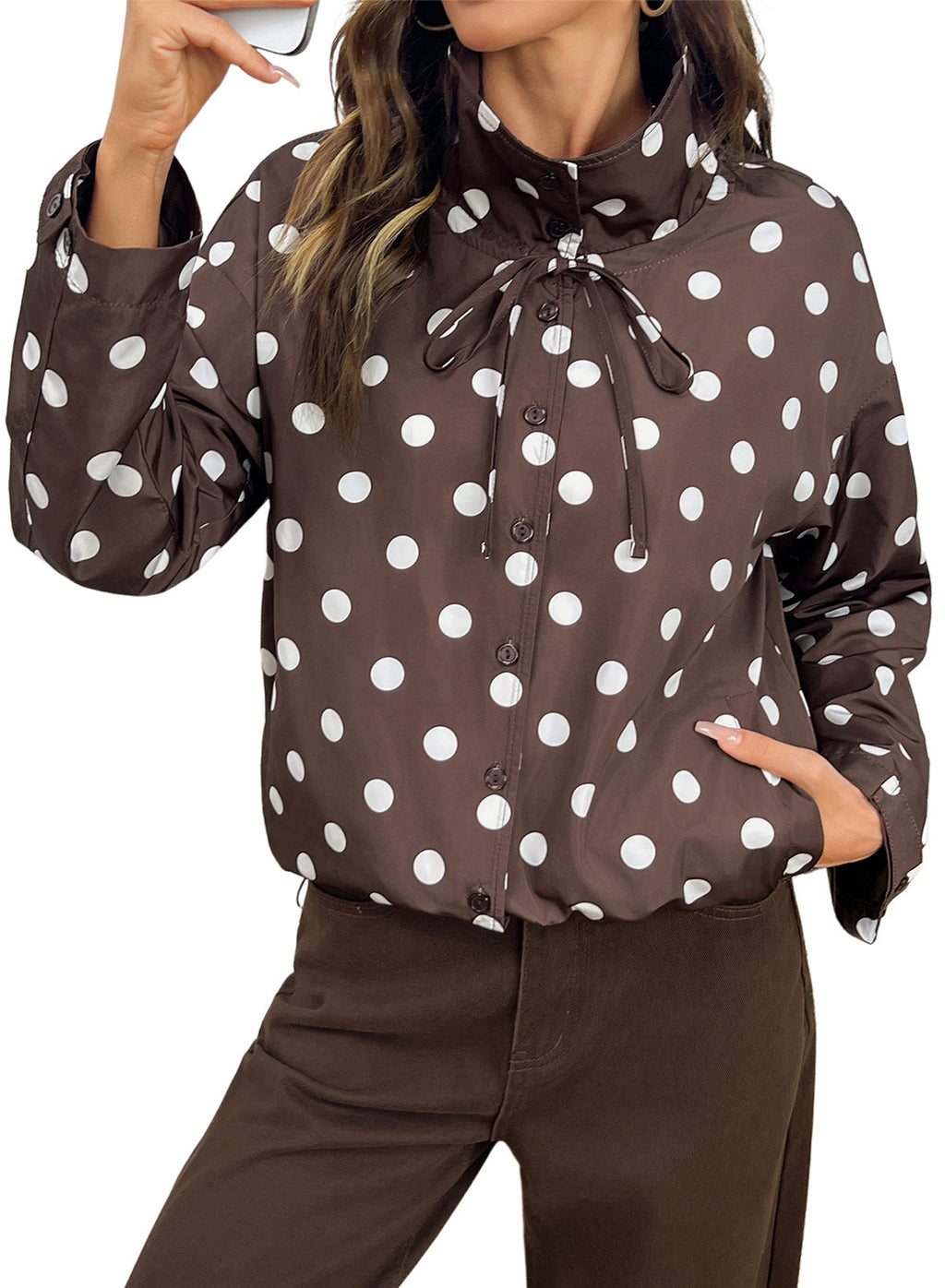 Dokotoo Womens Cropped Jacket Drawstring Zip Up Polka Dot Oversized Coats