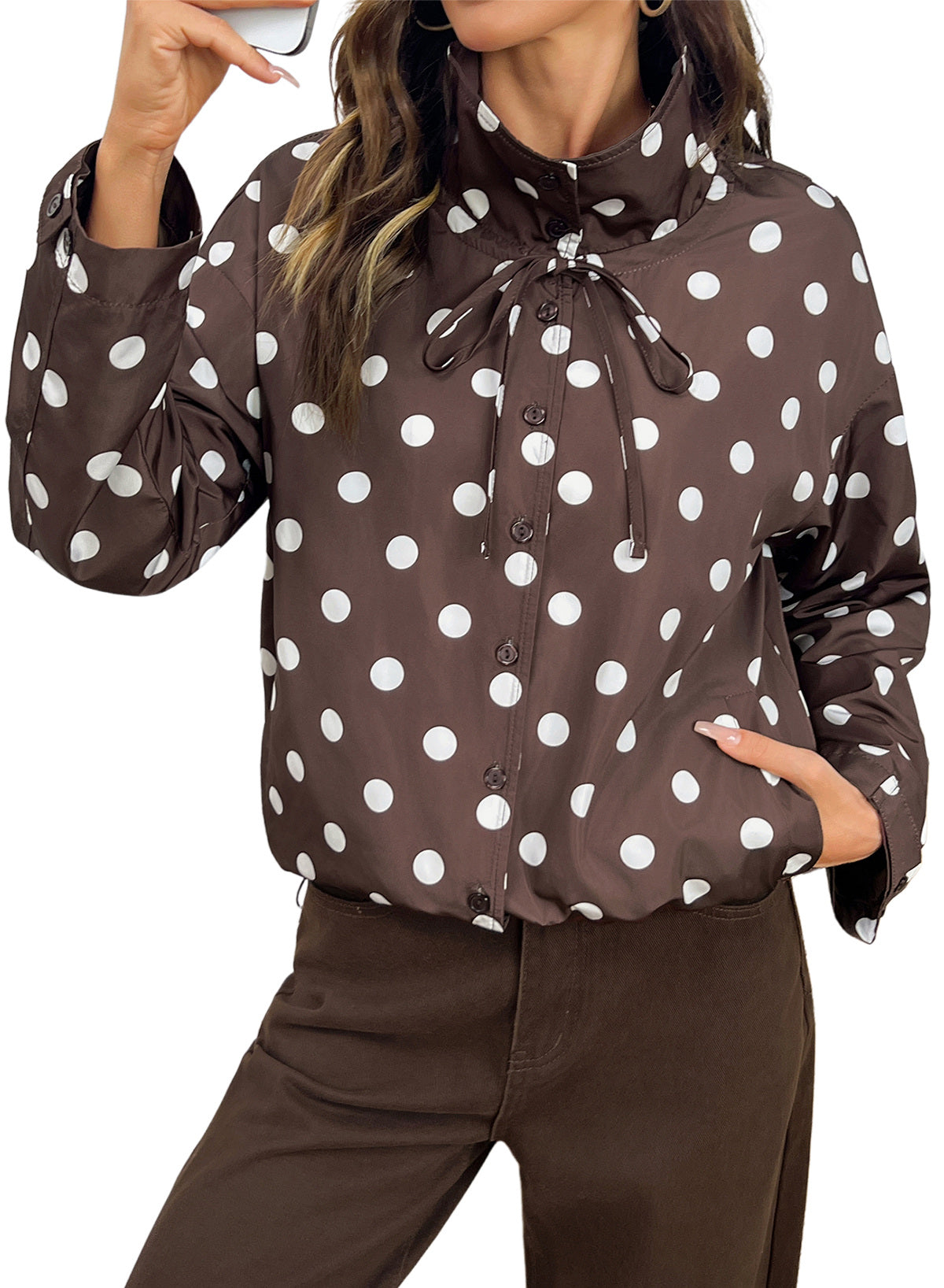 Dokotoo Womens Cropped Jacket Drawstring Zip Up Polka Dot Oversized Coats