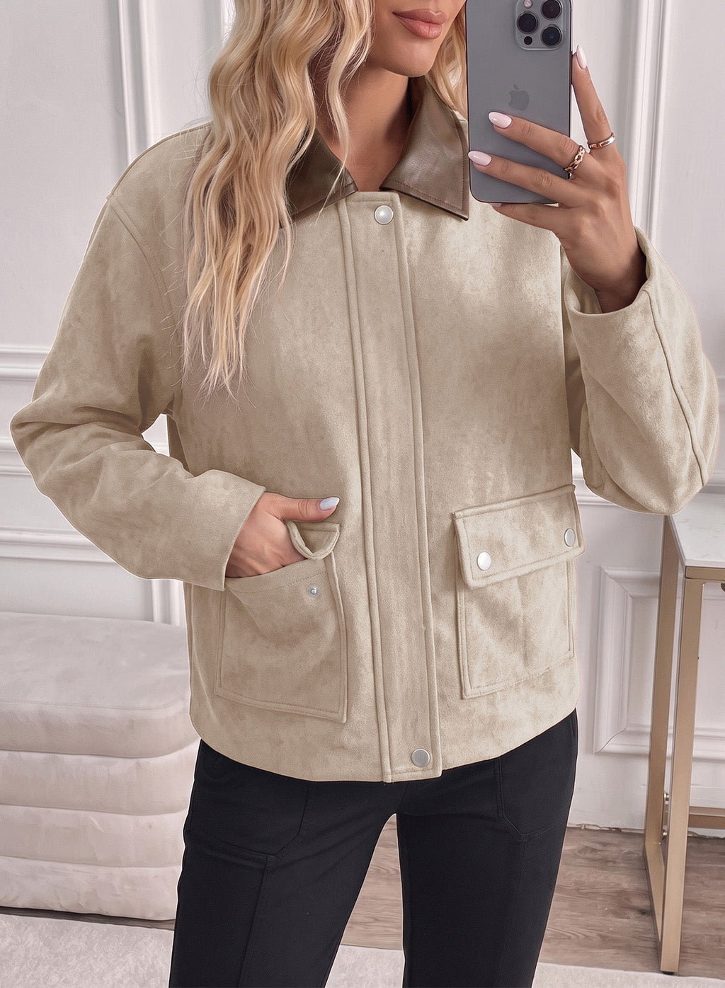 Dokotoo Womens Cropped Jacket 2026 Fall Collar Zip Button Coat with Pockets