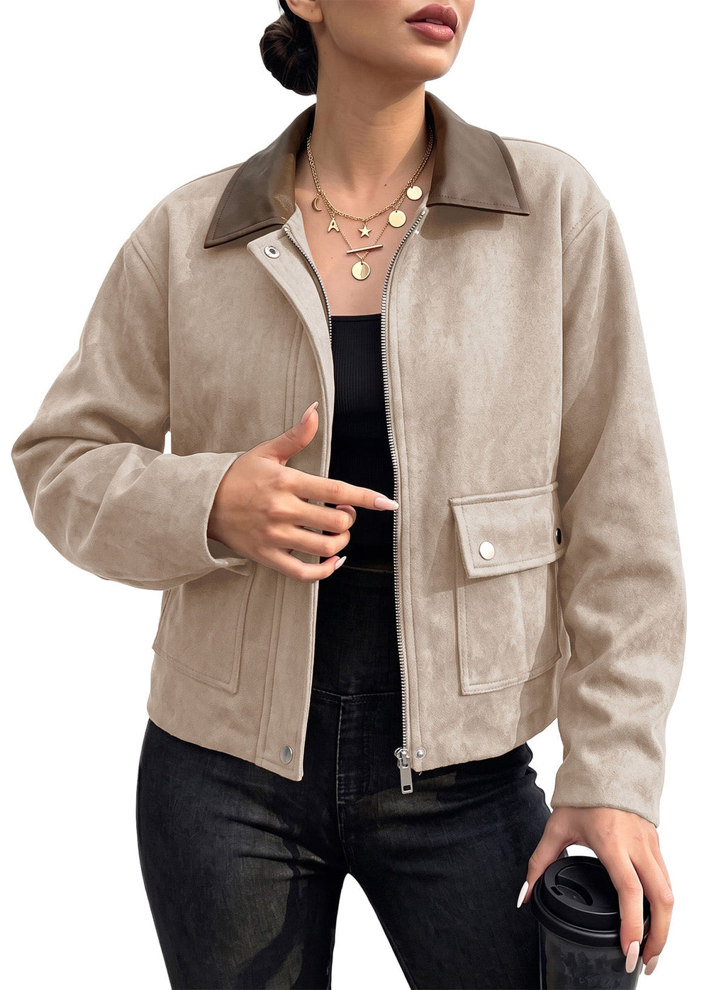 Dokotoo Womens Cropped Jacket 2026 Fall Collar Zip Button Coat with Pockets