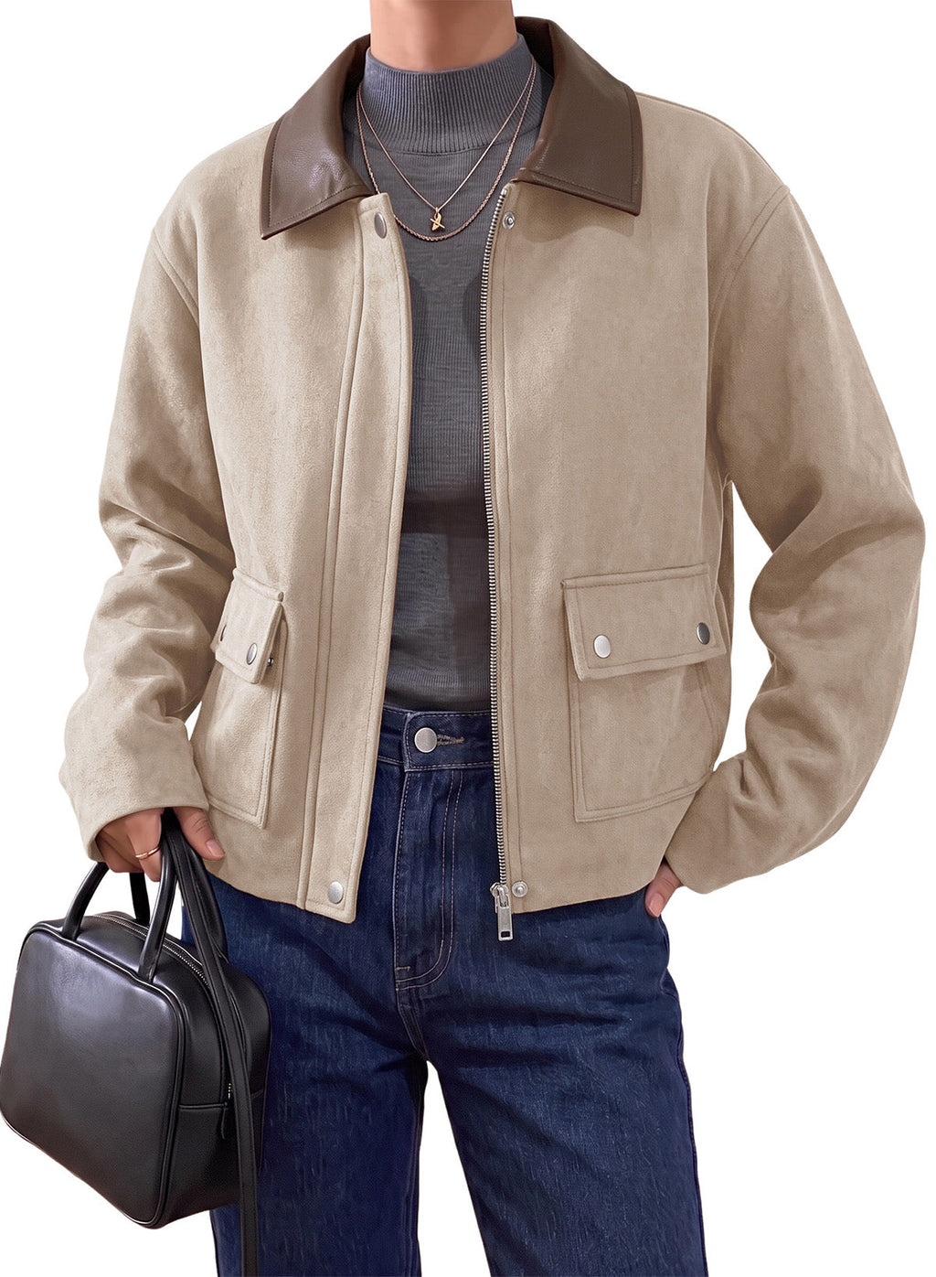 Dokotoo Womens Cropped Jacket 2026 Fall Collar Zip Button Coat with Pockets