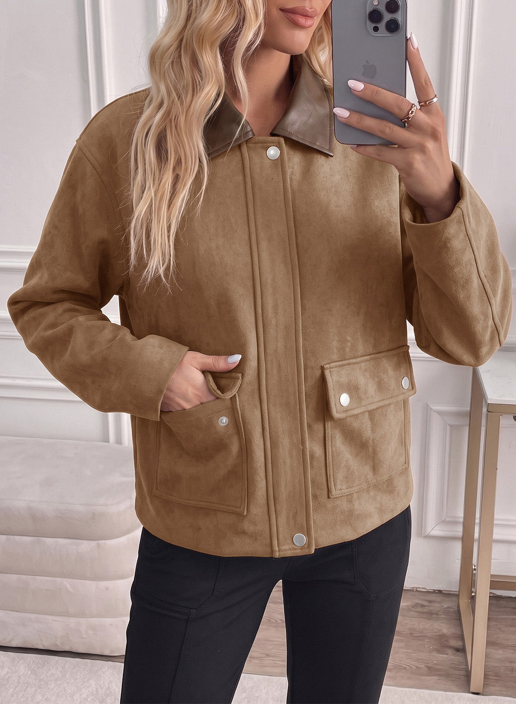Dokotoo Womens Cropped Jacket 2026 Fall Collar Zip Button Coat with Pockets