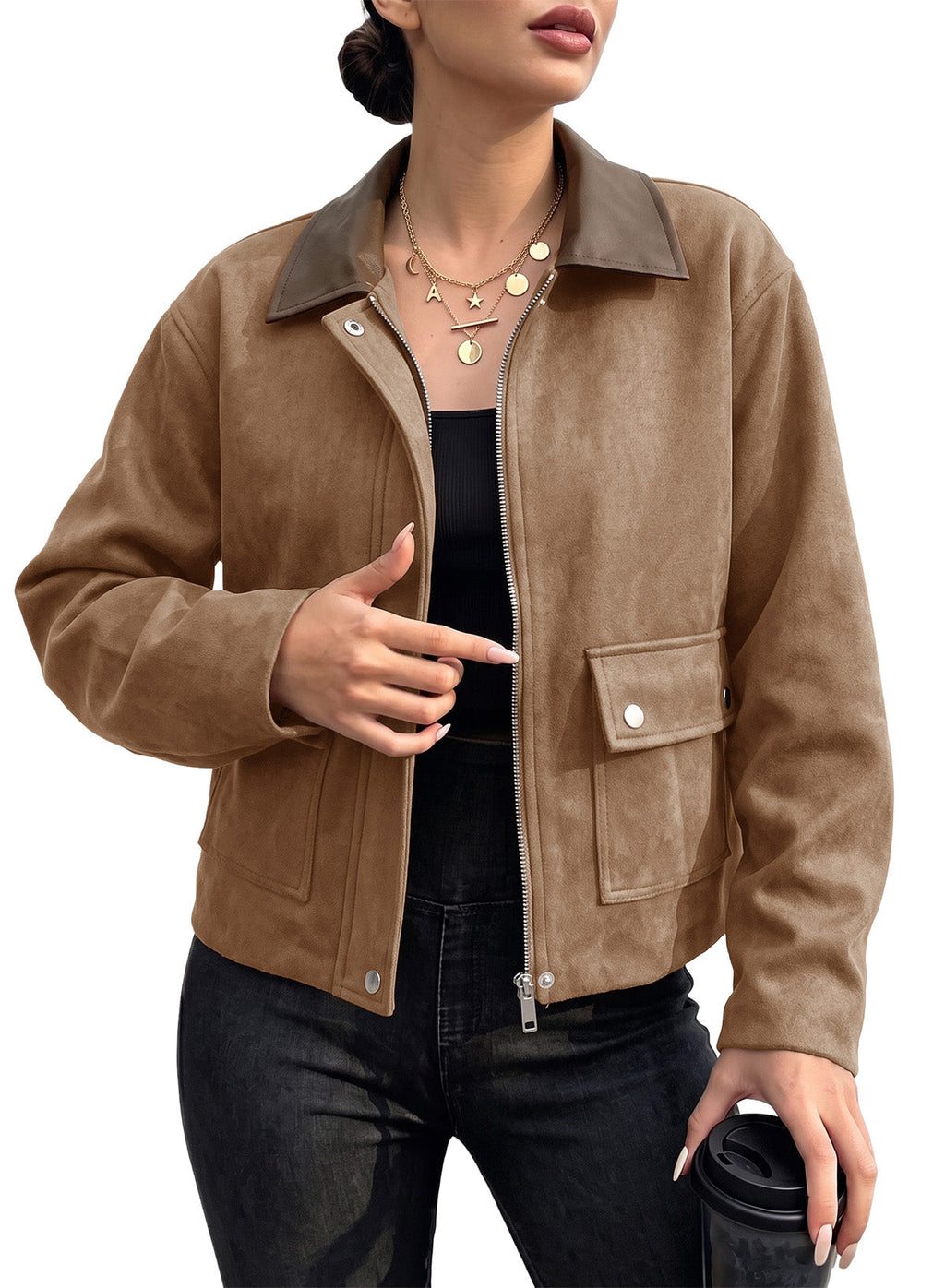 Dokotoo Womens Cropped Jacket 2026 Fall Collar Zip Button Coat with Pockets