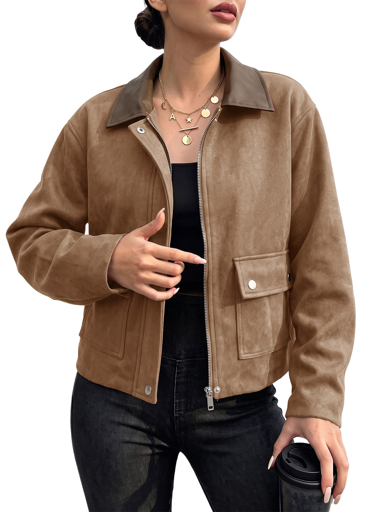 Dokotoo Womens Cropped Jacket 2026 Fall Collar Zip Button Coat with Pockets