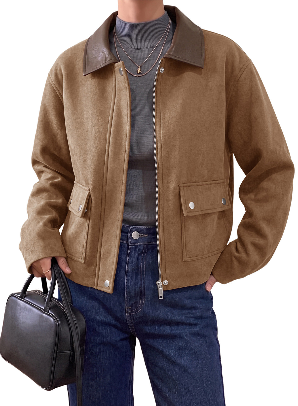 Dokotoo Womens Cropped Jacket 2026 Fall Collar Zip Button Coat with Pockets