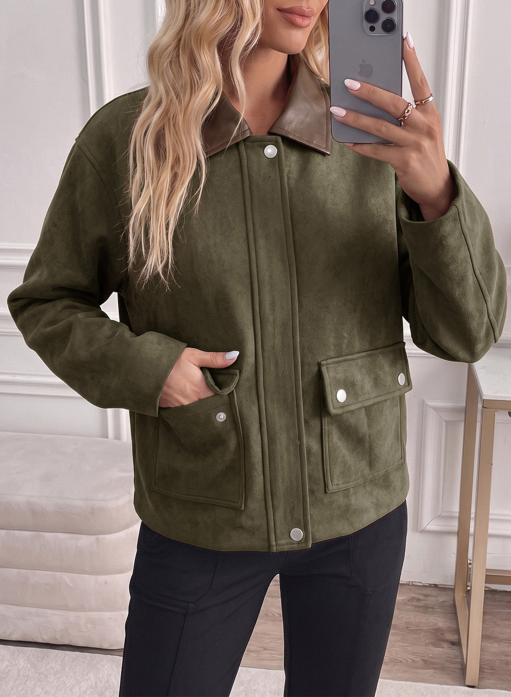 Dokotoo Womens Cropped Jacket 2026 Fall Collar Zip Button Coat with Pockets