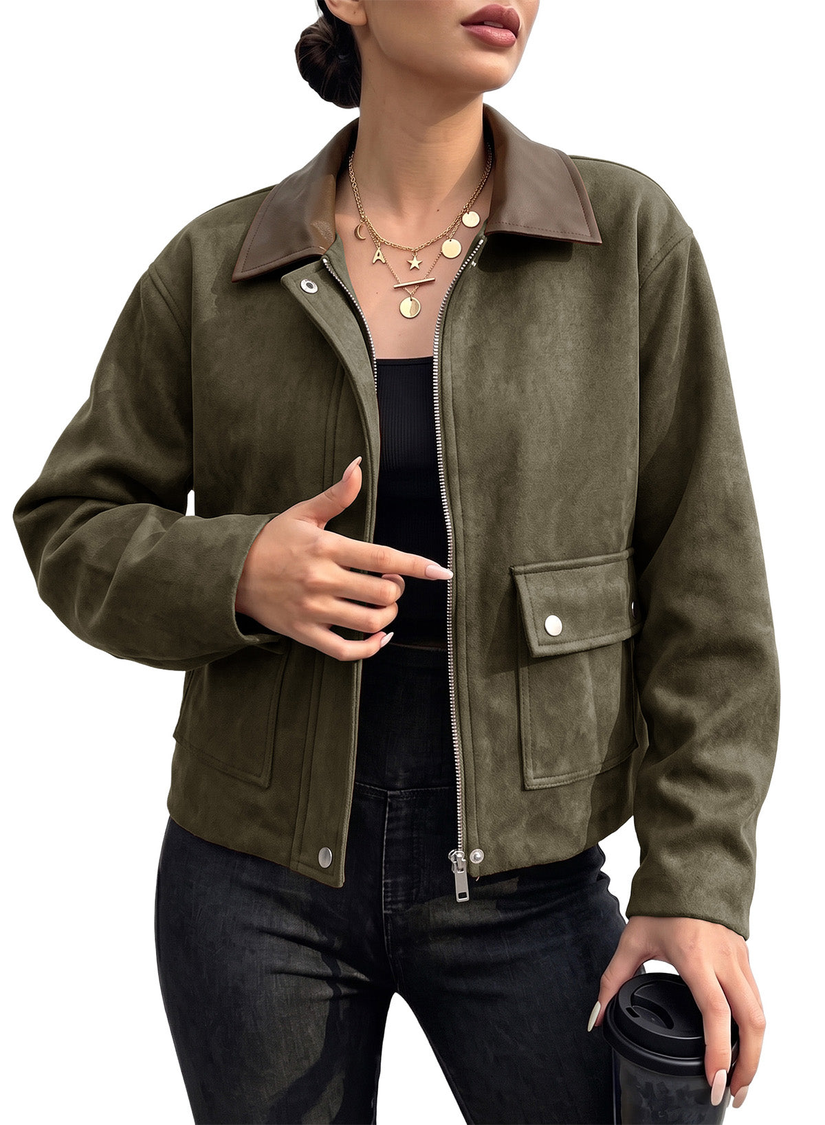 Dokotoo Womens Cropped Jacket 2026 Fall Collar Zip Button Coat with Pockets