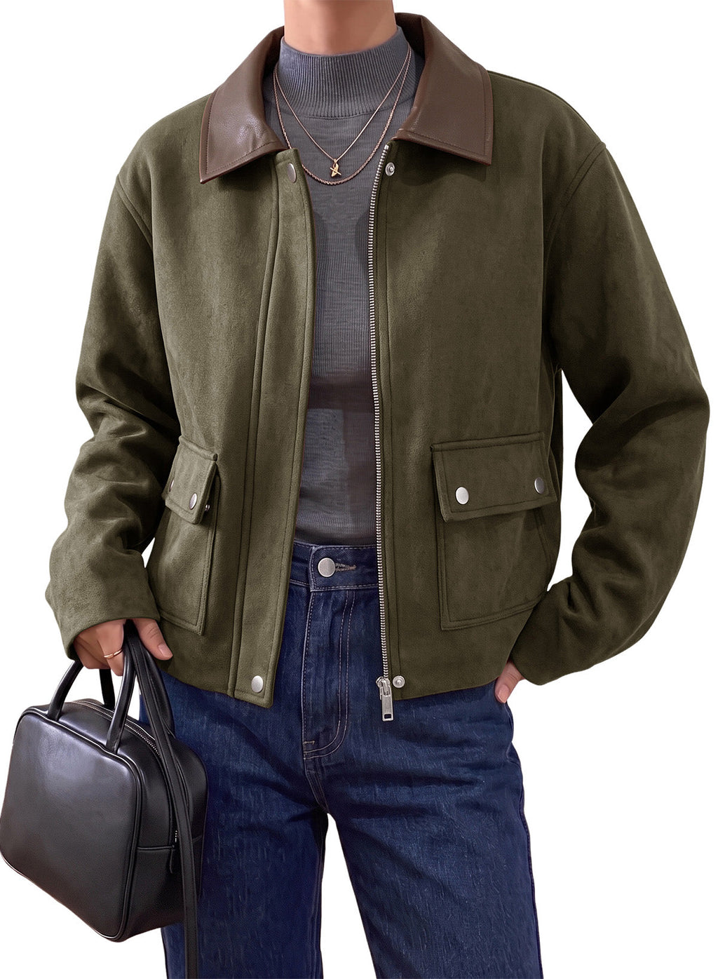 Dokotoo Womens Cropped Jacket 2026 Fall Collar Zip Button Coat with Pockets