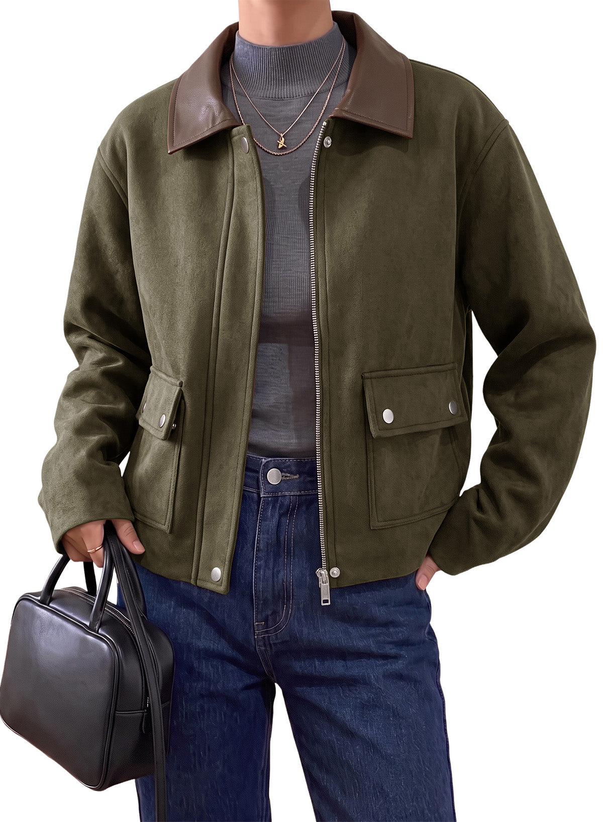 Dokotoo Womens Cropped Jacket 2026 Fall Collar Zip Button Coat with Pockets
