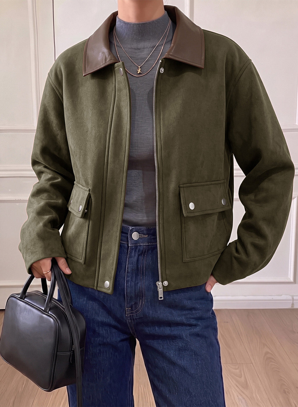 Dokotoo Womens Cropped Jacket 2026 Fall Collar Zip Button Coat with Pockets