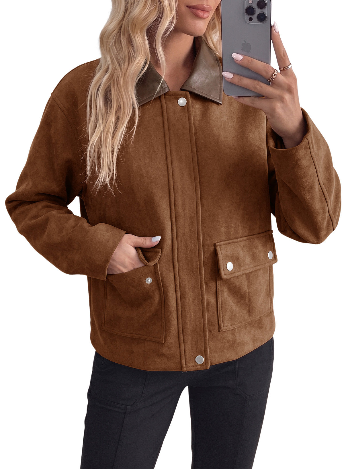 Dokotoo Womens Cropped Jacket 2026 Fall Collar Zip Button Coat with Pockets